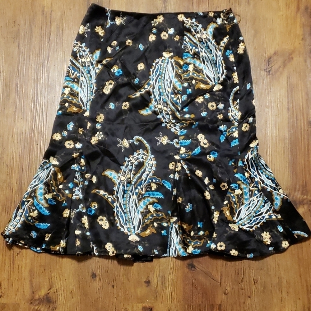 INC silk floral blue brown fit n flare skirt NWT